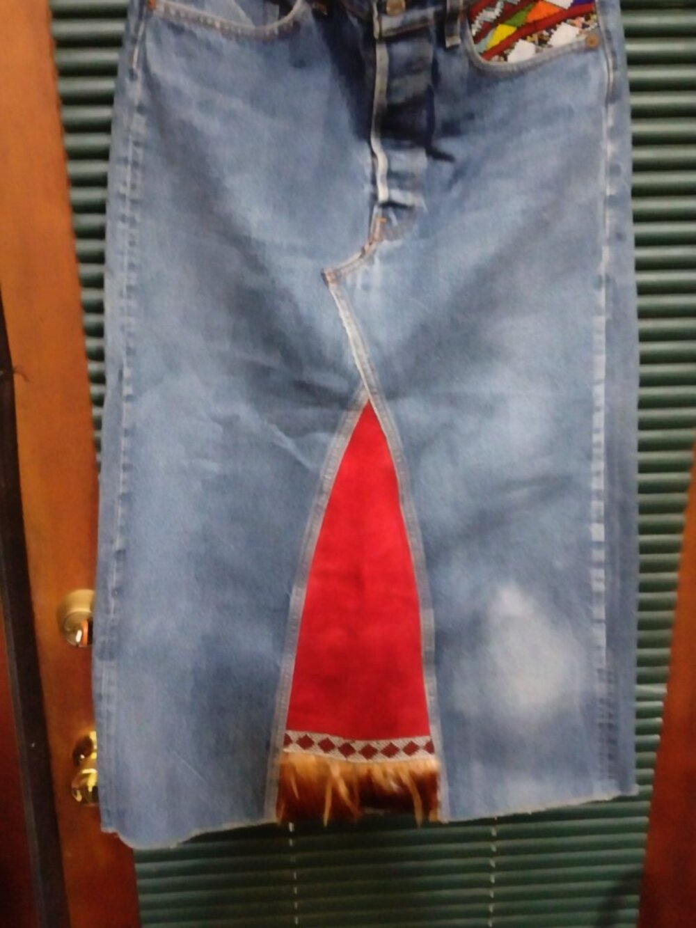 Vintage Levi Strauss 501 Hand Beaded Denim Skirt With Suede And Feathers Size 6